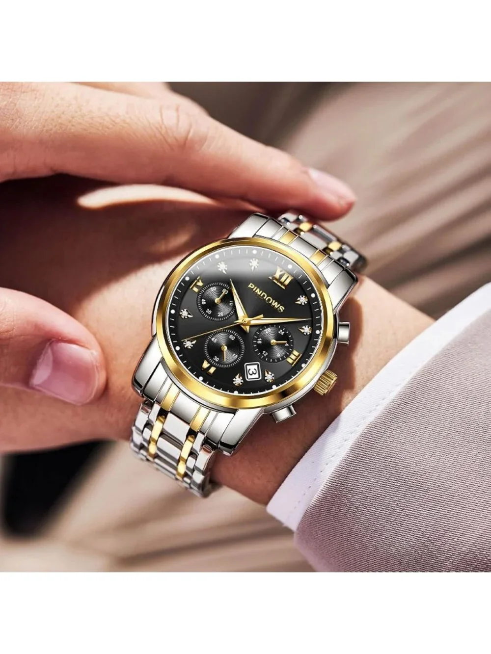 Men's Two Tone Gold Silver Quartz Watch Stainless Steel Diamond Dial Watch